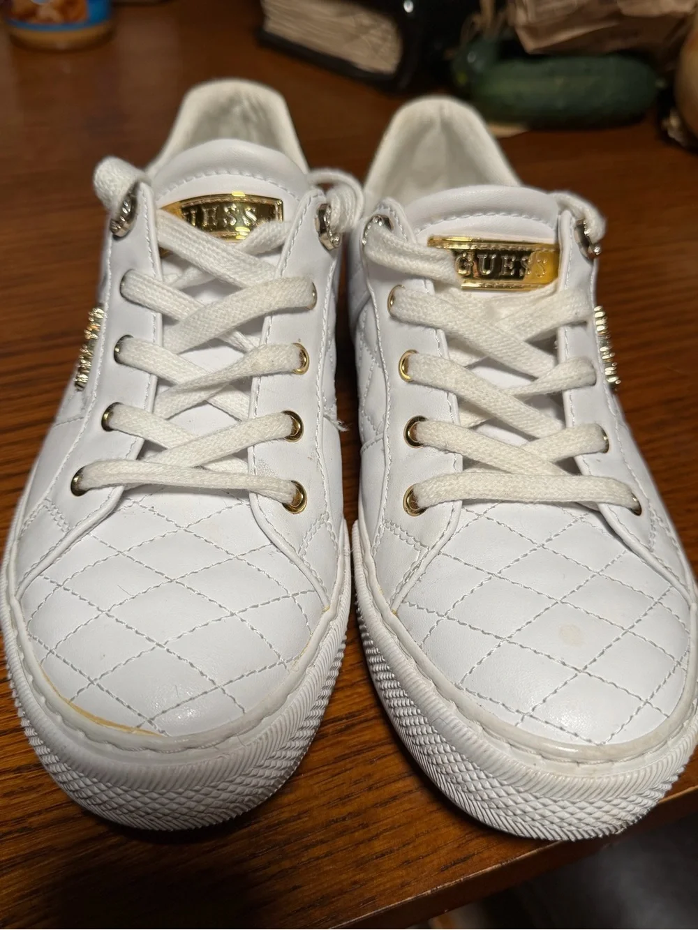 GUESS White Quilted Sneakers with Gold Hardware